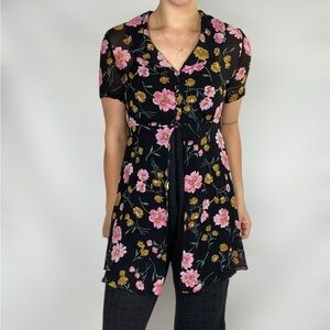 RICKIE FREEMAN TERI JON 100% Silk Floral‎ Sheer Button Down Cover Blouse